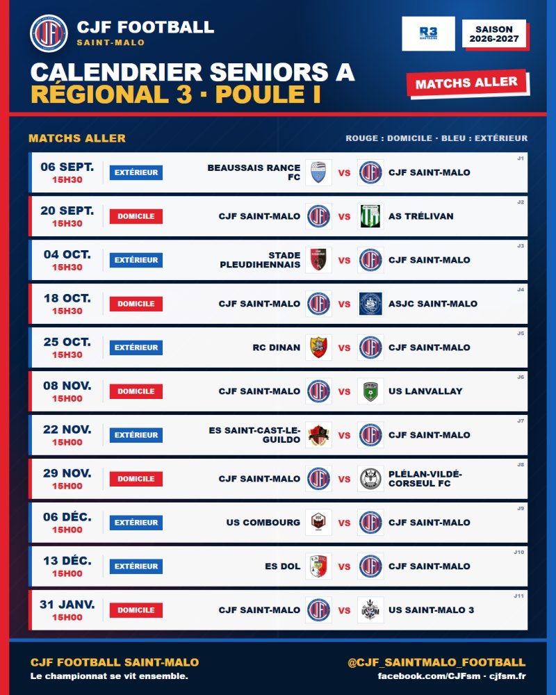 Le calendrier 2026-2027 de notre équipe Seniors A est disponible